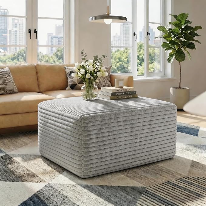 25.6 Inch Plush Corduroy Ottoman, Modular Sectional Foot Rest for Living Room, Upholstered Cloud Ottoman for Boneless Couch in a Box, Compressed Memory Foam, No Assembly Require, Light Grey