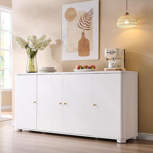 IFGET Curved Buffet Cabinet with Doors, 66" Large Sideboard Buffet Storage Cabinet with 4 Doors and Shleves, Modern Coffee Bar Station Wood Kitchen Table for Kitchen, Dining Room, White