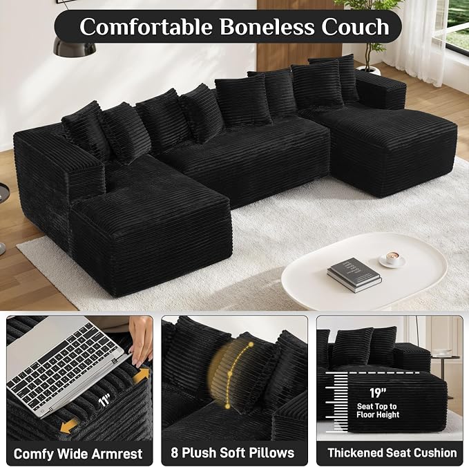 131" Oversized U Shaped Cloud Sectional Couches for Living Room, Comfy Fluffy Corduroy Black Boneless Sectionals Couch, Plush Memory Foam Modular Sectional Sofa with Chaise- 19" Seat Height