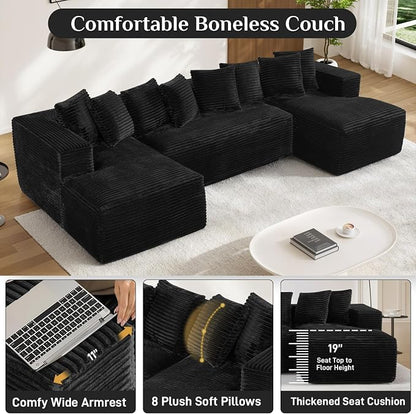 131" Oversized U Shaped Cloud Sectional Couches for Living Room, Comfy Fluffy Corduroy Black Boneless Sectionals Couch, Plush Memory Foam Modular Sectional Sofa with Chaise- 19" Seat Height