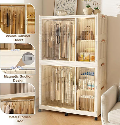 Portable Wardrobe Closet Organizer, Large Kids Wardrobe Closet with Magnetic Doors and Wheels, Collapsible Plastic Baby Clothes Storage Cabinet, 4 Cubes and 2 Wardrobes (17.7"D x 36.2"W x 62.2"H)