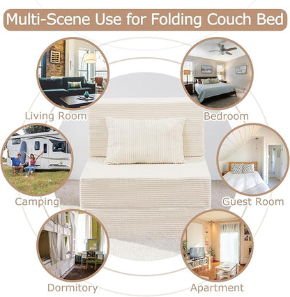 Folding Sofa Bed, 4 in 1 Convertible Sleeper Chair with Pillow, Single Memory Foam Fold Out Chair Bed, Modern Floor Futon Sofa Couch Mattress for Living Room/Guest/Apartment,Beige