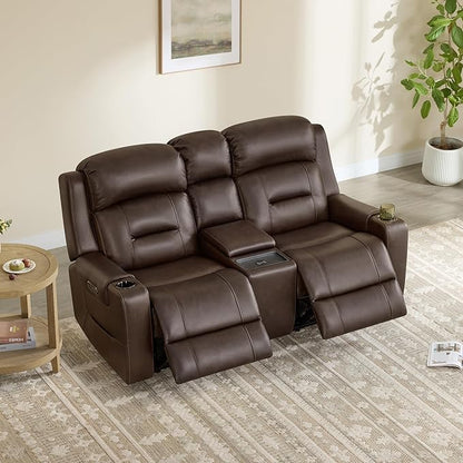 Watson & Whitely Genuine Leather Power Loveseat and Recliner Sofa Set, Lay Flat Reclining Couch with Console, Power Headrest, USB & Wireless Charging, Cup Holders for Living Room, Dark Brown
