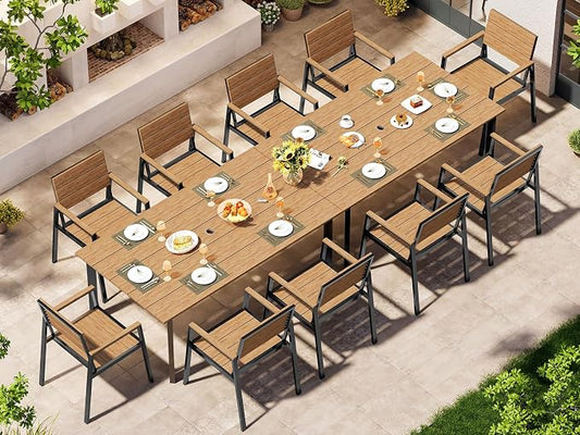 Outdoor Dining Set for 10, Patio Table and Chairs Set with Umbrella Hole, 12 Pieces HDPS + Aluminum Outdoor Furniture Sets for Patio, Garden (Gray & Teak)