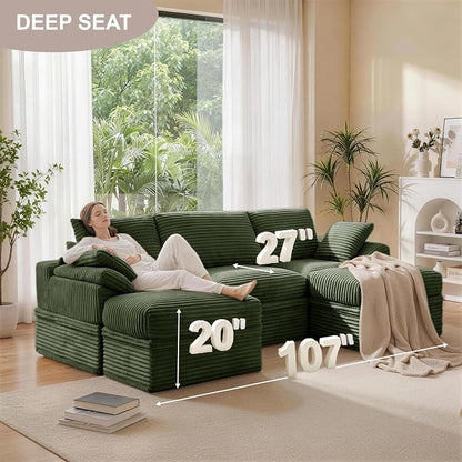 107" Modular U-Shaped Sectional Sofa with Storage, 3-Seat Corduroy Boneless Couch, 27" Deep Seat Cloud Couch & 2 Movable Ottoman, Tool-Free Assembly, Couch for Living Room, Green