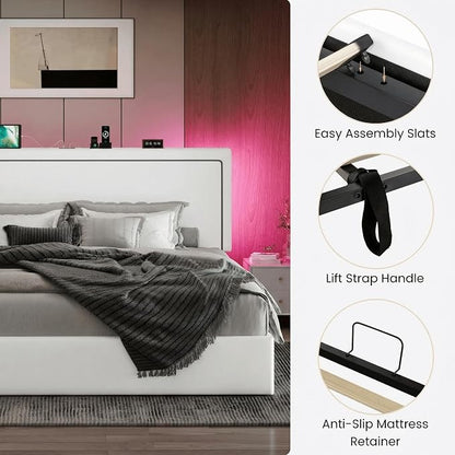 SHA CERLIN King Size Hydraulic Lift-Up Storage Platform Bed Frame with Charging Station, RGB LED Lights, Adjustable Velvet Headboard, USB-A and USB-C Ports, No Box Spring Needed, White
