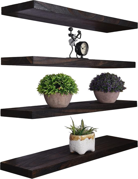 YYWUOJJ Wood Floating Shelves for Wall Decor, Rustic Wall Shelves for Bedroom Bathroom Kitchen Living Room, Set of 4 Walnut 24 Inch
