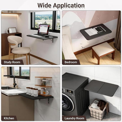 Neoaider Wall Mounted Folding Desk 23.6” x 15.7”, Black | Drop Down Table with Metal Collapsible Brackets, Folding Wall Table for Small Spaces, Home, Office, Kitchen, Laundry Room