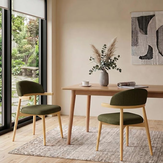 MOJAY Dining Chairs Set of 2 Natural Oak, Linen Green with Curved Armrests