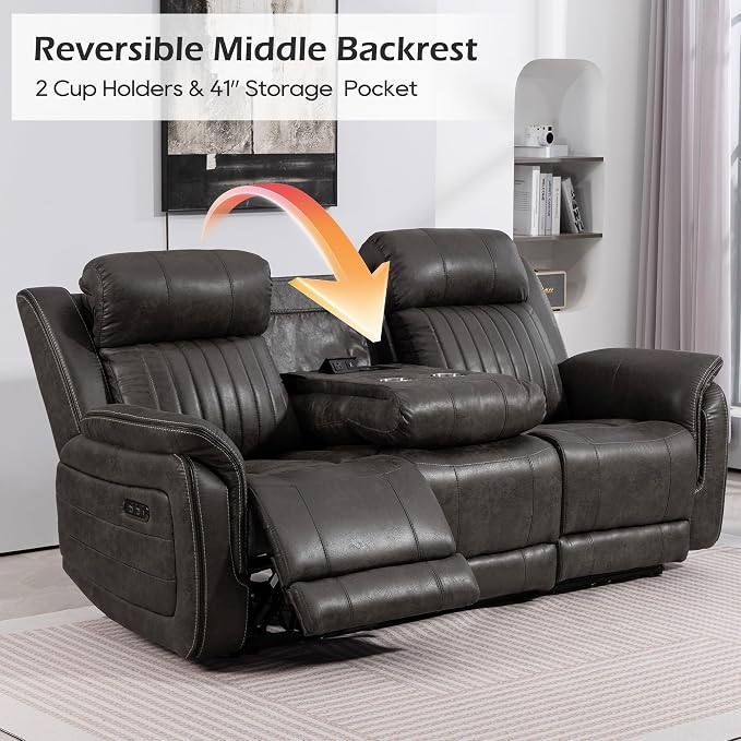 Power Zero Gravity Reclining Sofa with Adjustable Headrest, Electric Reclining Couch with Drop Down Table, Power Recliner Sofa 3-Seater for Living Room (Badlands Charcoal-Sofa)