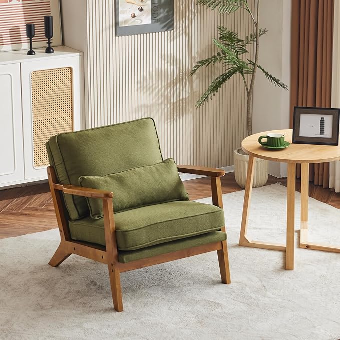 VINGLI Solid Wood Wide Armrests Accent Chair Set of 2,Upholstered Mid Century Modern Chair with Pillow,Farmhouse Arm Chair Comfy Reading Chair,Chairs Living Room,Bedroom,Guest Room,Linen Fabric,Green