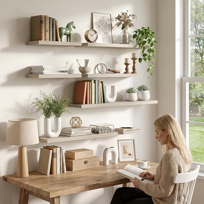 Fun Memories Floating Shelves - 2 Pack 12 Inch Deep Rustic Wooden Wall Shelves - Extra Deeper & Thicker Wall Mounted Storage Shelf for Living Room, Kitchen, Farmhouse - 16" W x 12" D x 1.5" H - Grey