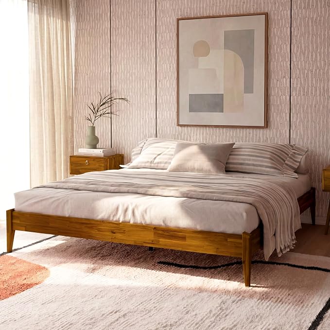 Bme Dinkee King Bed Frame Wood 15 Inch - Solid Wood Platform Bed Frame - Japanese Joinery Bed - Modern & Minimalist Style - Wood Slat Support - Easy Assembly - No Box Spring Needed - Caramel