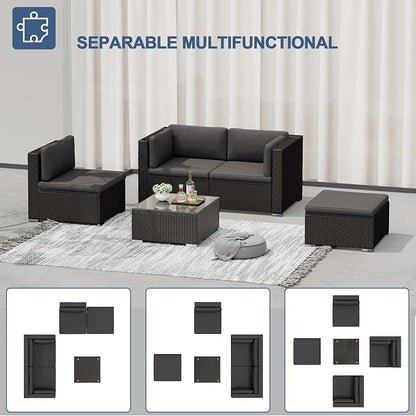SUNCROWN 5-Piece Outdoor Patio Furniture Set, All-Weather PE Rattan Sectional Sofa with Ottoman, Glass Coffee Table & Cushions, Modular Wicker Conversation Set for Backyard, Garden, Porch, Dark Grey