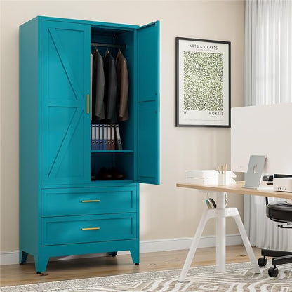 LCAOPC 71" Tall Metal Wardrobe Cabinet with 2 Drawers and Hanging Rod, 2 Doors Armoire Wardrobe Closet with Shelf for Bedroom, Office, Laundry Room, Blue
