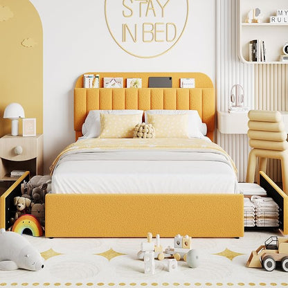 Garvee Full Size Bed Frame with 2 Flexible Drawers, Boucle Upholstered Platform Bed Frame with Bookcase Headboard, Bedframe for Girls/Boys, Easy Assembly, No Box Spring Needed, Noise Free, Yellow