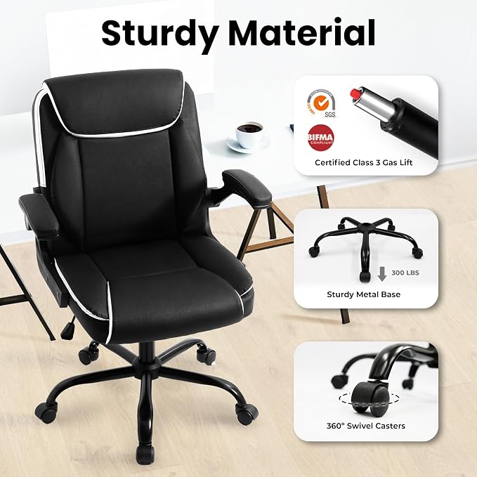 NEO Chair Mid-Back Home Office Executive Desk Chair Computer Gaming Ergonomic Chair with Adjustable Padded Flip-Up Armrests Wheels Swivel for Task Study (Leather Black)