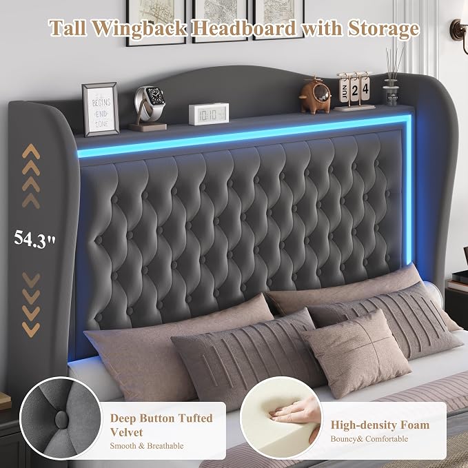 Queen Bed Frame 55" Tall Headboard with LED Lights, Buttons Tufted Velvet Upholstered Platform Bed Frame with 2 Storage Drawers, Wood Slats Support Mattress Foundation, No Box Spring Needed, Grey