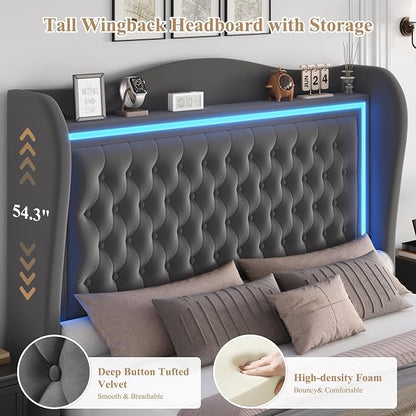Queen Bed Frame 55" Tall Headboard with LED Lights, Buttons Tufted Velvet Upholstered Platform Bed Frame with 2 Storage Drawers, Wood Slats Support Mattress Foundation, No Box Spring Needed, Grey