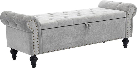 55" Storage Bench for Bedroom, Upholstered Ottoman Bench Chenille LightGray | End of Bed Bench for Bedroom, Window Benches for Living Room, Entryway, Ottoman with Large Storage Space, Pet Friendly