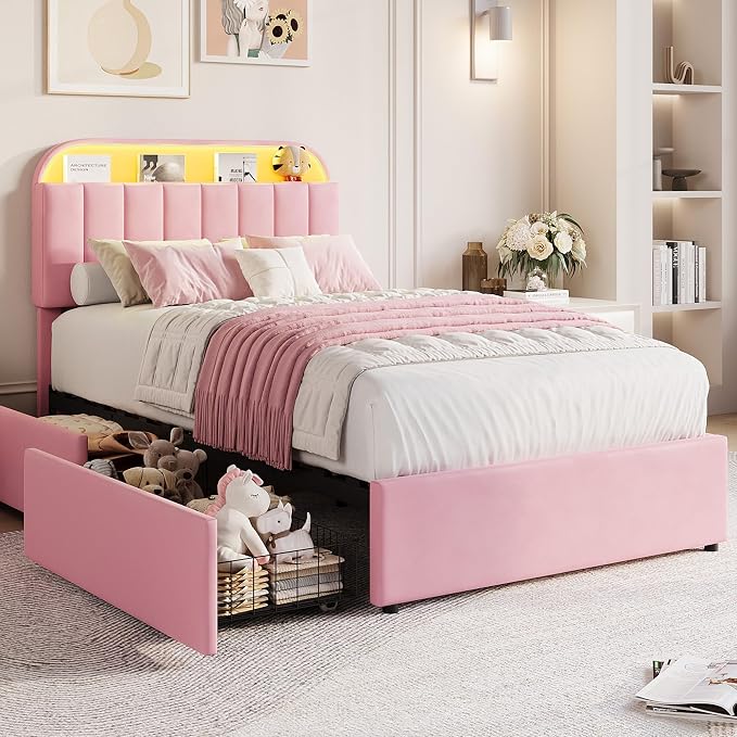 GarveeHome Twin XL Bed Frame with Storage Headboard, Kids Bed Frame with 2 Drawers, Velvet Upholstered Platform Bed Frame with Lights, No Box Spring Needed, Easy Assembly, Velvet Pink