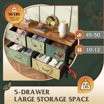 WLIVE Dresser for Bedroom with 5 Drawers, Wide Chest of Drawers, Fabric Dresser, Storage Organizer Unit with Fabric Bins for Closet, Living Room, Hallway, Floral Painted
