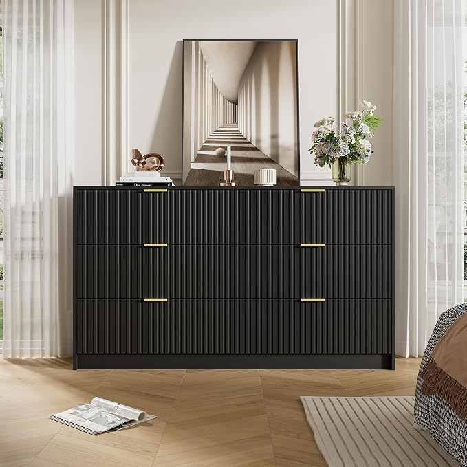 Furniway Black Dresser for Bedroom, Modern Dresser with 6 Drawers and Smooth Slides, Wide Chest of Drawers with Golden Handles for Bedroom, Living Room, Closet, 15.7" D x 55.1" W x 31.4" H