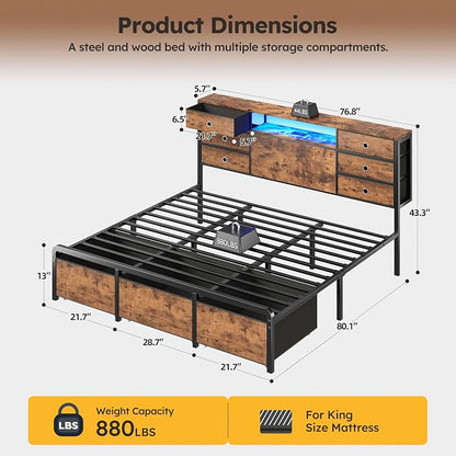 Homkdom King Size Bed Frame with 9 Fabric Drawers Storage, Charging Station & LED Lights, Metal Platform Bed Frame with Headboard,Noise-Free and Easy Assembly for Bedroom,Modern Brown