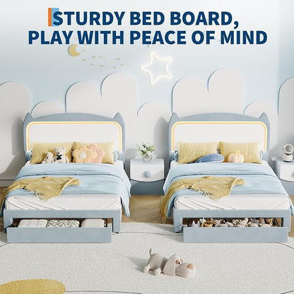 Garvee Full Size Bed Frame with Storage Drawer and Cat Headboard, Platform Bed Frame with RGB LED Lights, Strong Wood Slats Support, Noise Free, No Box Spring Needed, Easy Assembly, Blue and White