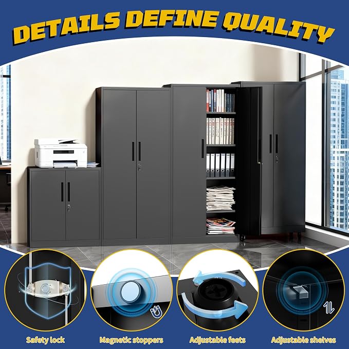 Metal Storage Cabinet with Doors and Adjustable Shelves, 35" Steel Garage Storage Cabinets with lock, Locking Tool Cabinet Utility Cabinets for Garage,Bathroom,Kitchen,Home Office,School,Shop