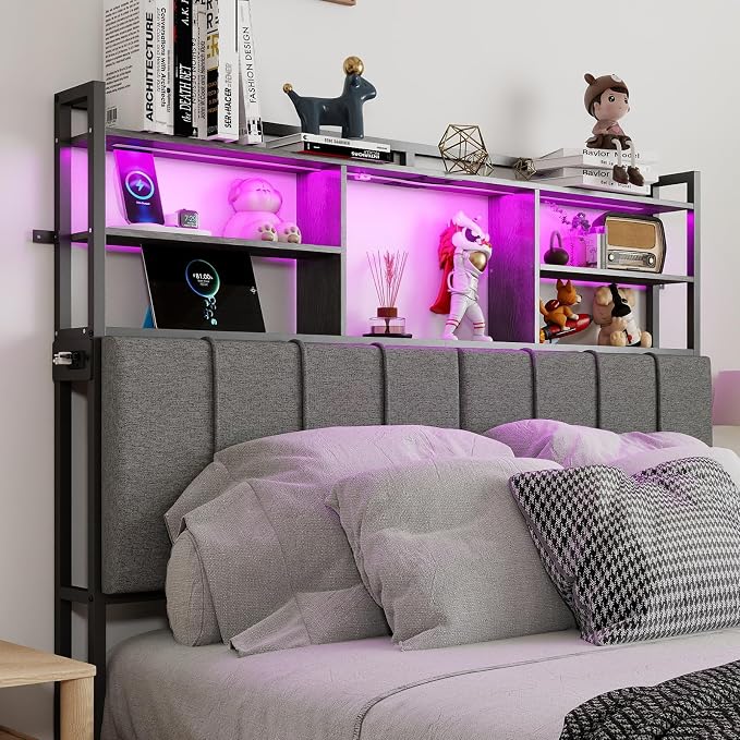 54.8" Tall Headboard Queen Size with 3-Tier Storage Shelves, Linen Upholstered Head Board with USB & Type C Port & LED Light, Soft Backrest for Queen Size Bed,