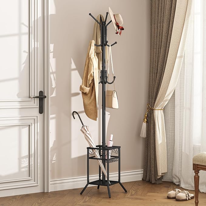 ELYKEN Coat Rack Freestanding, Metal Coat Rack with Umbrella Holder | 12 Hooks, Square Base, Heavy Duty Floor Standing Coat Tree for Entryway, Hallway, Living Room, Bedroom, Office, Black