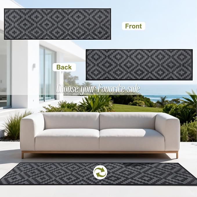 SAND MINE Waterproof Outdoor Rug, Plastic Reversible Rug, Modern Area Rug, Large Floor Mat for Outdoors, RV, Patio, Backyard, Deck, Picnic, Beach, Camping (2.5' x 8', Black Grey Lattice)