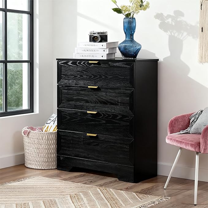 4 Drawers Dresser, Wooden Dresser for Bedroom with Large Drawer and Gold Handles Storage Chest Cabinet Organizer Living Room Closet Hallway, Black