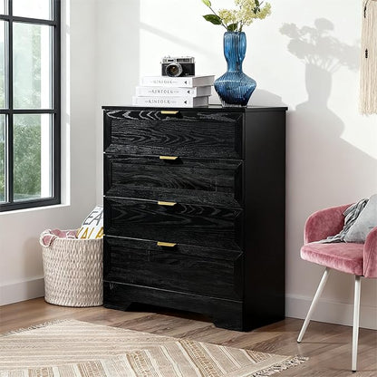 4 Drawers Dresser, Wooden Dresser for Bedroom with Large Drawer and Gold Handles Storage Chest Cabinet Organizer Living Room Closet Hallway, Black