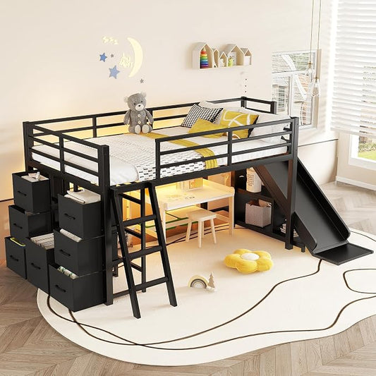 Bellemave Twin Size Low Loft Bed with Slide & 7 Fabric Storage Drawers,Metal Loft Bed Frame with Shelves and LED Lights for Boys Girls,Kids Loft Bed Twin,Black