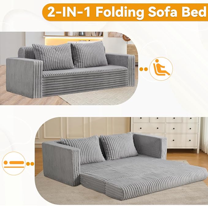 HABUTWAY 68" Loveseat Boneless Couch, 4-in-1 Convertible Sofa Bed, Plush Fur Folding Futon Sofa Bed Couches with 2 Pillows for Living Room, High-Density Foam Support, No Assembly Required, Light Grey