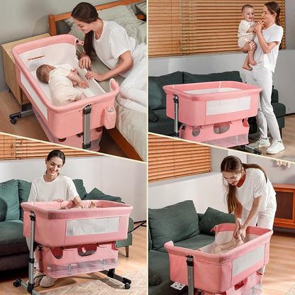 Soobaby Baby Crib,3 in 1 Bedside Crib Adjustable Portable Bed for Infant,Baby Bassinet Newborn Must Have Bed,Pink