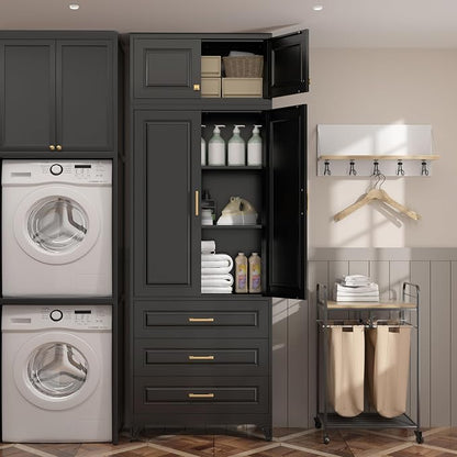 SteeLoong 90" Kitchen Pantry Cabinet with 3 Drawers,Metal Storage Cabinets with Doors and 4 Adjustable Shelves,Black Kitchen Cabinet with 2 Gold Handles,Food Cupboard for Livingroom, Bathroom,Pantry