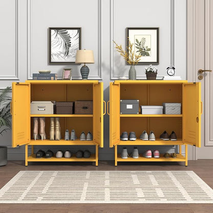Wide 3-Tier Metal Shoe Storage Cabinet, Multifunctional Household Shoe Organizer with Adjustable Shelves for Home & Entryway Yellow 33" H X 29.5" W X 13.8" D