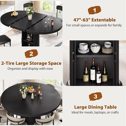 Jocoevol Extendable Round Kitchen Dining Room Table for 4-6 with 2-Tier Storage Shelf, 63'' Space Saving Expandable Wood Oval Circle Dinner Furniture with Pedestal Base(Black)