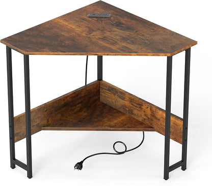 Tangkula Corner Desk with Power Outlet & USB Ports, Triangle Computer Desk with Charging Station, Storage Shelf, Space Saving Writing Desk, Vanity Table, Corner Desk for Small Space (Rustic Brown)
