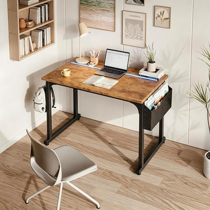 DurayLoly 40" Computer Desk with Waterproof LED Lights,Bedroom Study Desk for Teens,Dorm Room Essentials,Headphone Hook&Storage Bag for Small Spaces,Sturdy Metal Frame,Rustic Brown