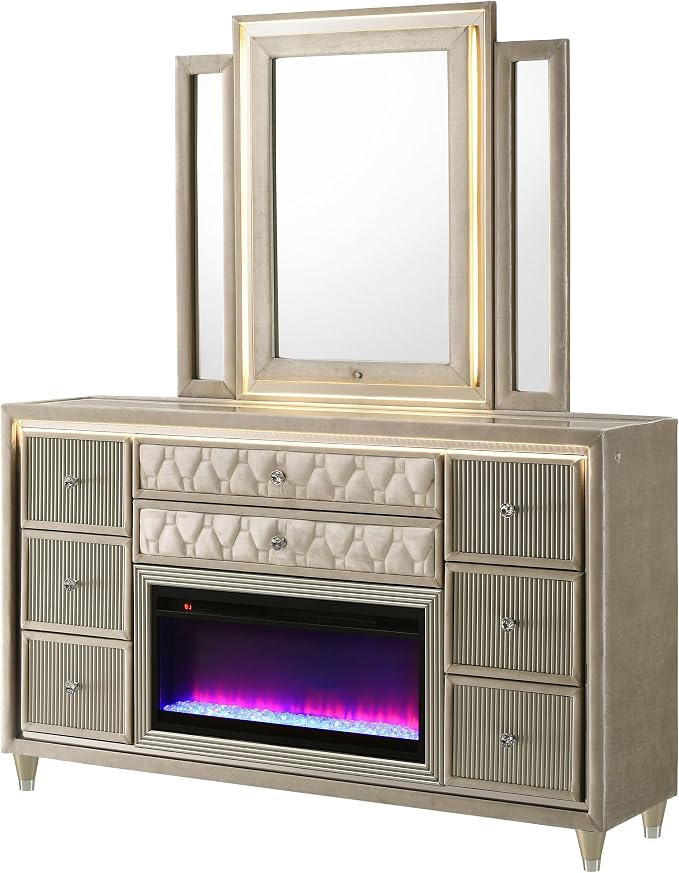 Coaster Home Furnishings - Lorient - Wood - 8-Drawer Dresser with Mirror, Flame Box, LED Lighting, Tri-Panel Mirror and Traditional Style - Bedroom - Ivory and Camel - 222663FBM