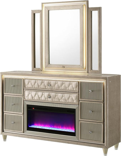 Coaster Home Furnishings - Lorient - Wood - 8-Drawer Dresser with Mirror, Flame Box, LED Lighting, Tri-Panel Mirror and Traditional Style - Bedroom - Ivory and Camel - 222663FBM