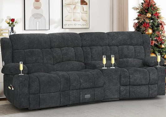 Dresegmt Recliner Sofa with Storage Console, Flip Middle Backrest Design 3 Seat Reclining Sofa with Storage Drawer, USB Ports & Cup Holders, Manual Couch for Living Room (Gray, 3 Seater + Console)