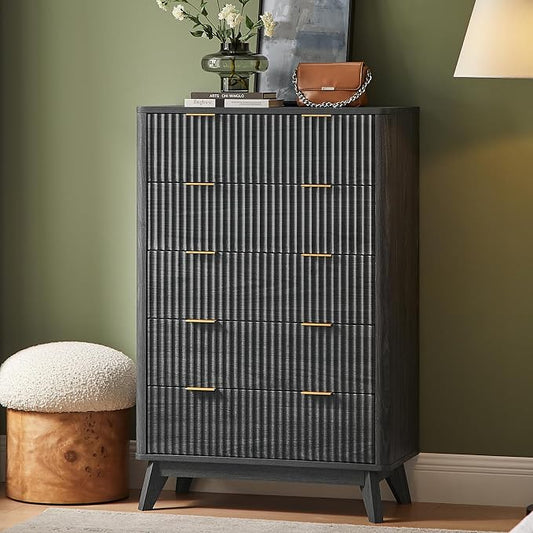 T4TREAM Fluted 5 Drawers Dresser, 48" Tall Modern Chest of Drawers, Curved Profile Design, Wood Drawer Organizer for Bedroom, Living Room, Hallway, Entryway, Dark Alder