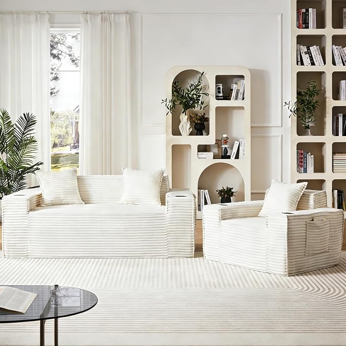 2 Pcs Living Room Cloud Sofa Set, Boneless Sofa Couches with Cup Holder and Side Pocket for Compact Living Rooms, Apartments (Beige White, Single Chair + Loveseat)