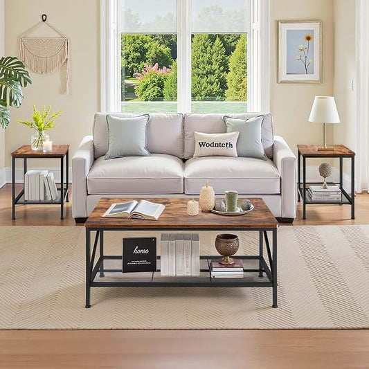 VEVOR 3 Pieces Living Room Table Sets, 41.3 in Industrial Coffee Table with 2 Square End Side Tables, Easy Assembly Coffee and End Tables Sets with Metal Legs, for Office, Living Room & Apartment