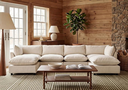 Iroomy Modular Sectional Sofa, U Shaped Chenille Cloud Couch Deep Comfy Seat, 6-Seater Sofas Couches for Living Room, Beige, High Feet